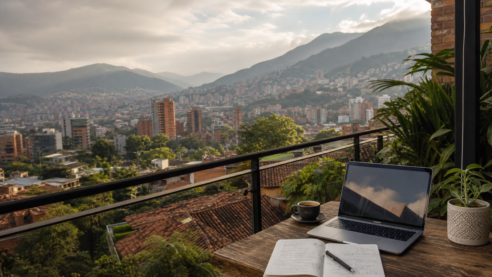 Medellin city and green mountain valley seen from a remote-work terrace
